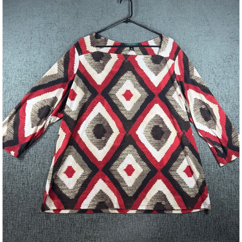 Lauren Ralph Lauren Red Black Diamond Ikat Square Neck 3/4 Sleeve Top 3X